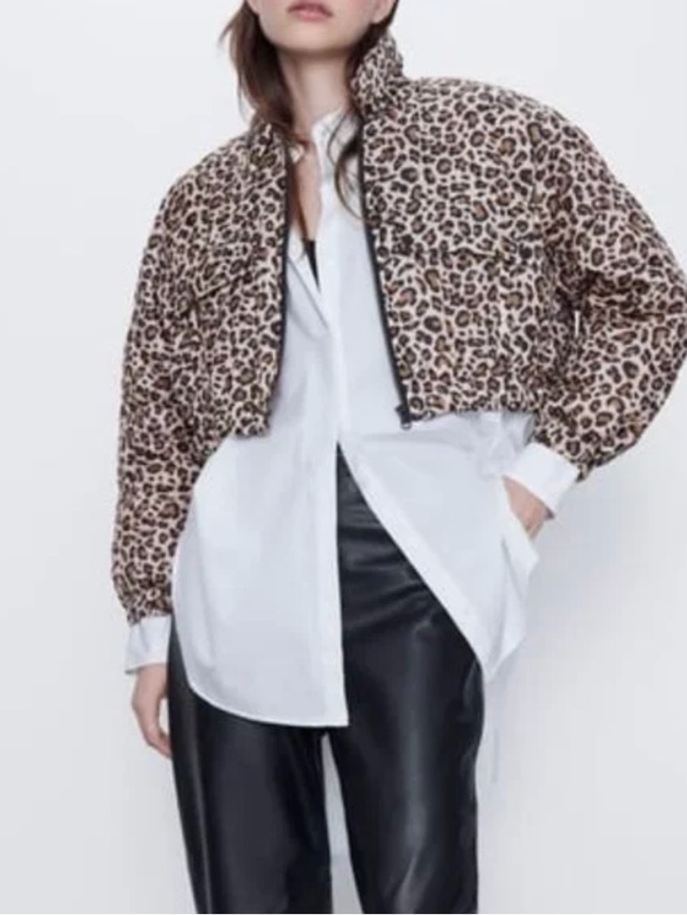 Zara Leopard Print Cropped Bomber Jacket - Tan/Black